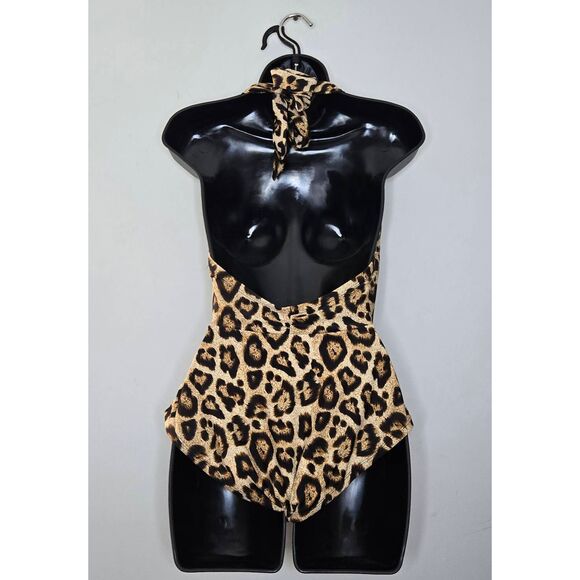 Unique Vintage Derek Swimsuit Size Small Leopard Print Deep V Pinup - Picture 3 of 5